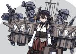  1boy 2girls black_gloves black_hair brown_eyes cannon commentary_request detached_sleeves gloves hair_ornament hakama hakama_skirt headset japanese_clothes kantai_collection multiple_girls nontraditional_miko red_hakama rigging riot_shield shikishima_fugen short_hair solo_focus turret yamashiro_(kancolle) 