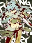  1boy arutopian bangs blue_hair brown_pants cape chain clenched_teeth commentary_request feet_out_of_frame fur_collar green_cape hair_between_eyes horns long_hair looking_to_the_side male_focus navel orange_eyes pants profanity ragnarok_online shadow_chaser_(ragnarok_online) shrug_(clothing) solo teeth waist_cape 