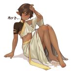  1boy arm_support arm_tattoo bare_legs blush brown_hair dark-skinned_male dark_skin elf full_body highres legs male_focus original otoko_no_ko parted_lips pointy_ears short_hair simple_background sitting solo sweat tattoo toxxy white_background 