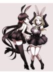  2girls akamatsu_kaede animal_ears armpits ass black_footwear black_gloves black_hair black_hairband black_legwear black_skirt blonde_hair blush bow bowtie breasts commentary_request dangan_ronpa_(series) dangan_ronpa_v3:_killing_harmony dress_shirt elbow_gloves fake_animal_ears floating_hair full_body gloves grey_eyes hair_ornament hairband harukawa_maki high_heels highres large_breasts leg_up long_hair looking_at_viewer miniskirt multiple_girls necktie open_mouth rabbit_ears sako shirt simple_background skirt sleeveless sleeveless_shirt thigh-highs twintails very_long_hair white_background white_bow white_neckwear white_shirt wrist_cuffs 