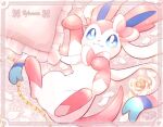  :3 blue_eyes character_name closed_mouth commentary_request cushion dated framed gen_6_pokemon heart lying no_humans okoge_(simokaji) on_back paws pokemon pokemon_(creature) signature smile sylveon toes 