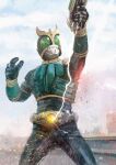  1boy black_gloves clouds electricity gloves green_eyes gun highres holding holding_gun holding_weapon kamen_rider kamen_rider_kuuga kamen_rider_kuuga_(series) looking_up male_focus open_hand power_armor sky solo tokusatsu v-fin weapon yygnzm 