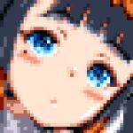  1girl bangs blue_eyes close-up dekoponarms eyebrows_visible_through_hair head_tilt hololive hololive_english looking_at_viewer lowres mole mole_under_eye ninomae_ina&#039;nis parody pixel_art portrait solo style_parody super_robot_wars virtual_youtuber 