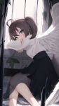  1girl absurdres ahoge bangs black_skirt blood blue_eyes blush brown_hair commentary_request cuts eyebrows_visible_through_hair feathered_wings feet_out_of_frame hair_between_eyes highres hololive indoors injury knees_together_feet_apart looking_at_viewer natsuiro_matsuri see-through shirt side_ponytail skirt solo thomas_8000 torn_clothes torn_shirt tower virtual_youtuber white_shirt white_wings window wings 