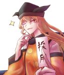  1girl bangs blonde_hair brown_headwear eyebrows_visible_through_hair hair_between_eyes hand_up hat highres long_hair looking_at_viewer matara_okina one_eye_closed open_mouth orange_sleeves simple_background smile solo star_(symbol) sun_symbol touhou white_background yellow_eyes 