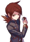  1boy belt belt_buckle brown_hair buckle closed_mouth commentary_request hand_up holding holding_poke_ball jacket long_hair long_sleeves male_focus poke_ball poke_ball_(basic) pokemon pokemon_(game) pokemon_hgss red_eyes shiny shiny_hair simple_background smile solo tpi_ri v-shaped_eyebrows white_background 