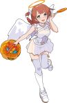  1girl angel artist_request bangs bare_shoulders belt blue_eyes blush boots braid braided_ponytail breasts brown_hair candy choker corina_(world_flipper) covered_navel food frilled_shirt frills full_body grey_legwear hair_ornament hairclip half-closed_eyes halloween halloween_bucket halloween_costume halo hand_up happy highres holding holding_candy holding_food holding_lollipop knee_boots leg_up lollipop long_hair looking_at_viewer miniskirt non-web_source official_art open_mouth pleated_skirt shiny shiny_hair shirt sidelocks skirt sleeveless sleeveless_shirt small_breasts smile solo standing standing_on_one_leg thigh-highs tied_hair transparent transparent_background white_choker white_footwear white_shirt white_skirt white_wings wings world_flipper zettai_ryouiki 
