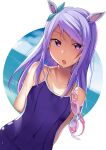  1girl animal_ears arm_behind_back bangs bare_shoulders blush breasts cac_itinose collarbone commentary_request covered_navel day dutch_angle goggles goggles_removed highres horse_ears long_hair mejiro_mcqueen_(umamusume) one-piece_swimsuit open_mouth purple_hair purple_swimsuit small_breasts solo swept_bangs swimsuit umamusume upper_body violet_eyes wet wet_hair 