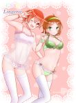  2girls aho_no_sakata bikini breasts brown_hair calf_socks earrings food fruit green_eyes green_nails hair_ornament hairclip headband highres jewelry lingerie multiple_girls navel niconico red_nails redhead rummy_73 sakako_(aho_no_sakata) short_hair stomach strawberry swimsuit underwear urako_(uratanuki) urashimasakatasen uratanuki utaite_(singer) wrist 