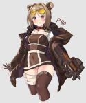  1girl absurdres blush breasts brown_hair bullpup character_name commentary_request covered_navel cowboy_shot double_bun eyewear_on_head girls_frontline gloves grey_background gun hako_reeema highres holding holding_gun holding_weapon jacket medium_breasts off_shoulder p90 p90_(girls_frontline) panties red_eyes short_hair smile solo submachine_gun sunglasses thigh-highs thigh_strap trigger_discipline underwear weapon white_panties 