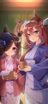  2girls absurdres animal_ears bath_yukata black_headwear blue_eyes blue_flower blue_rose blush brown_hair eyebrows_visible_through_hair flower fukemachi hair_between_eyes hat hat_flower highres holding horse_ears horse_girl japanese_clothes kimono long_hair mihono_bourbon_(umamusume) multiple_girls parted_lips rice_shower_(umamusume) rose smile tilted_headwear towel umamusume violet_eyes yukata 