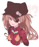  !? 1girl :d animal_ears animal_hat badge black_headwear blue_eyes blush bodysuit breasts brown_hair button_badge cabbie_hat cropped_torso eyepatch fake_animal_ears hat long_hair looking_at_viewer neon_genesis_evangelion open_mouth plugsuit red_bodysuit rikumaru simple_background small_breasts smile solo souryuu_asuka_langley sweat upper_body white_background 