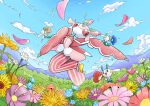  absurdres black_eyes clouds colored_sclera day field floette flower flower_field gen_6_pokemon gen_7_pokemon grass highres lurantis mountainous_horizon no_humans outdoors petals pink_sclera pokemon q-chan skipping 