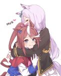  2girls animal_ears black_jacket blush brown_hair closed_eyes closed_mouth commentary_request english_text epaulettes fang fang_out frilled_jacket frilled_sleeves frills hair_ribbon heart highres horse_ears horse_girl horse_tail hug jacket long_hair long_sleeves mejiro_mcqueen_(umamusume) multiple_girls pink_ribbon ponytail profile purple_hair ribbon simple_background sleeves_past_wrists smile tail tokai_teio_(umamusume) umamusume very_long_hair white_background white_jacket yuzip 