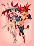  2girls bat_wings blue_hair choker closed_mouth demon_girl demon_tail demon_wings disgaea doyora earrings elbow_gloves etna flat_chest gloves hair_ribbon hairband jewelry looking_at_viewer multiple_girls navel open_mouth pleinair pointy_ears red_eyes redhead ribbon short_hair simple_background skull_earrings smile tail thigh-highs twintails white_legwear wings 