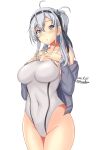 1girl breasts collarbone commentary_request competition_swimsuit cowboy_shot dated grey_eyes grey_jacket highleg highleg_swimsuit highres impossible_clothes impossible_swimsuit jacket kantai_collection long_hair medium_breasts montemasa one-hour_drawing_challenge one-piece_swimsuit one_side_up silver_hair simple_background solo suzutsuki_(kancolle) swimsuit twitter_username white_background 