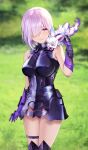  1girl absurdres armor armored_dress breasts creature emanon123 fate/grand_order fate_(series) fou_(fate) gloves grass hair_over_one_eye highres light_purple_hair looking_at_another mash_kyrielight on_shoulder outdoors photo-referenced purple_gloves purple_hair short_hair smile violet_eyes 