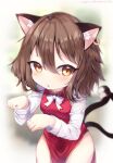  1girl :o animal_ear_fluff animal_ears bow bowtie breasts brown_eyes brown_hair cat_ears cat_tail chen cowboy_shot dress gold_trim grey_background hair_between_eyes jewelry light_blush looking_at_viewer multiple_tails nekomata no_hat no_headwear paw_pose red_dress short_hair simple_background single_earring small_breasts solo tail touhou two_tails white_neckwear yubayuki 