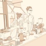  1boy 1girl coffee_maker_(object) counter cup earrings glasses hair_bun highres holding holding_cup jewelry long_sleeves monochrome naoyuzuhiko original profile sepia shirt sink upper_body 