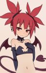 1girl bat_wings choker closed_mouth coupon_(4chan) demon_girl demon_tail demon_wings disgaea earrings elbow_gloves etna flat_chest gloves jewelry looking_at_viewer makai_senki_disgaea navel pointy_ears red_eyes redhead short_hair simple_background skull_earrings smile solo tail twintails wings 