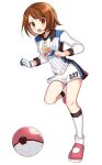  1girl ball bangs blush bob_cut breasts brown_eyes brown_hair collared_shirt commentary english_commentary gloria_(pokemon) gym_challenge_uniform knees number open_mouth pink_footwear pokemon pokemon_(game) pokemon_swsh shirt shoes short_hair shorts single_gloves snowsakurachan soccer_ball socks solo tongue upper_teeth white_background white_legwear white_shorts 