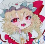  1girl bangs blonde_hair blush crystal dress eyebrows_visible_through_hair eyes_visible_through_hair flandre_scarlet grey_background hair_between_eyes hat highres open_mouth ponytail red_dress red_eyes red_ribbon renakobonb ribbon short_hair simple_background smile solo touhou white_headwear white_sleeves wings yellow_neckwear 