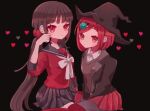  2girls ameko53133 bangs black_background black_headwear black_legwear blunt_bangs bob_cut brown_hair collared_shirt commentary_request dangan_ronpa_(series) dangan_ronpa_v3:_killing_harmony hair_ornament hair_scrunchie hairclip harukawa_maki hat heart highres jacket long_hair long_sleeves looking_at_viewer low_twintails miniskirt mole mole_under_eye multiple_girls pleated_skirt red_eyes red_legwear red_scrunchie red_shirt red_skirt redhead sailor_collar school_uniform scrunchie serafuku shirt short_hair simple_background sitting skirt symbol_commentary thigh-highs twintails very_long_hair white_shirt witch_hat yumeno_himiko 