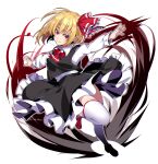  1girl ascot bangs black_skirt black_vest blonde_hair brown_footwear closed_mouth eyebrows_visible_through_hair full_body hair_ribbon highres kuroshirase long_sleeves looking_at_viewer medium_hair outstretched_arms pointy_ears red_eyes red_neckwear red_ribbon ribbon rumia shirt simple_background skirt smile solo spread_arms standing standing_on_one_leg thigh-highs touhou vest white_background white_legwear white_shirt 