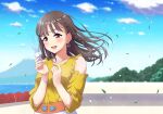  1girl bracelet breasts brown_eyes brown_hair clouds cloudy_sky collarbone commentary detached_sleeves earrings eyebrows_visible_through_hair feathers holding holding_feather inami_anju jewelry leaves_in_wind long_hair love_live! love_live!_sunshine!! medium_breasts necklace qy73 real_life seiyuu seiyuu_connection shiny shiny_hair side_brain sky solo 