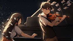  1boy 1girl aarc antenna_hair bangs black_eyes black_hair black_sweater_vest brother_and_sister brown_shorts brown_skirt closed_eyes flower highres instrument long_hair looking_away mari_(omori) music night night_sky omori omori_(omori) orchid playing_instrument playing_piano polaroid sad shirt short_sleeves shorts siblings sitting skirt sky sweater_vest violin white_shirt 