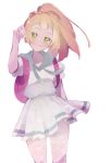  1girl backpack bag blonde_hair blush braid closed_mouth commentary eyelashes french_braid green_eyes hand_up highres lillie_(pokemon) long_hair looking_at_viewer ohds101 pleated_skirt pokemon pokemon_(game) pokemon_sm ponytail purple_bag sailor_collar shirt short_sleeves simple_background skirt smile solo white_background white_shirt white_skirt 