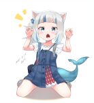  1girl animal_ears araki_(qbthgry) bangs blue_eyes blue_hair cat_ears fish_tail gawr_gura highres hololive hololive_english looking_at_viewer multicolored_hair open_mouth shark_tail sharp_teeth solo streaked_hair tail teeth virtual_youtuber 