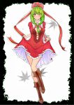  1girl boots brown_footwear clothes_lift cross-laced_footwear dress dress_lift front_ponytail green_eyes green_hair hair_ribbon highres kagiyama_hina kim0501 knee_boots lace-up_boots one_eye_closed red_dress ribbon solo touhou 