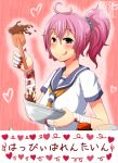  1girl aoba_(kancolle) bandages blood chocolate eyebrows_visible_through_hair heart kantai_collection kyouran_souryuu pink_hair ponytail school_uniform smile tongue tongue_out valentine violet_eyes yandere 