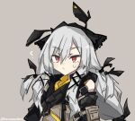  1girl ^^^ arknights bangs bare_shoulders black_ribbon closed_mouth commentary grey_background grey_hair hair_ornament hairband highres long_hair looking_away low-tied_long_hair red_eyes ribbon sidelocks simple_background solo sweat twitter_username upper_body weedy_(arknights) yamasemi_(yy8023) 