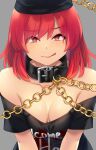  1girl bangs black_clothes breasts chain clothes_writing eyebrows_visible_through_hair eyes_visible_through_hair gold_chain grey_background hair_between_eyes hecatia_lapislazuli highres looking_at_viewer medium_breasts polos_crown red_eyes redhead short_hair simple_background solo tarmo touhou 