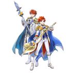 2boys absurdres axe eliwood_(fire_emblem) father_and_son fire_emblem fire_emblem:_the_binding_blade fire_emblem:_the_blazing_blade fire_emblem_heroes highres holding holding_axe holding_polearm holding_weapon multiple_boys official_alternate_costume official_art polearm roy_(fire_emblem) simple_background weapon white_background 