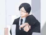  1boy black-framed_eyewear black_hair black_suit blurry blurry_foreground cellphone droplets glasses highres ijichi_kiyotaka indoors jujutsu_kaisen male_focus mirror necktie phone solo standing starryskywinter sweatdrop talking_on_phone upper_body watch watch 