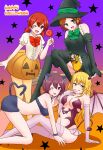  4girls aho_no_sakata animal_costume animal_ears bat_wings blonde_hair brown_hair candy cat_costume cat_ears demon_costume food green_eyes halloween halloween_bucket halloween_costume hat highres long_hair multiple_girls niconico pumpkin purple_hair redhead rummy_73 senra_(singer) shima_(niconico) short_hair twintails urashimasakatasen uratanuki utaite_(singer) violet_eyes wings witch witch_hat yamadanuki yellow_eyes 