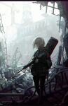  1girl absurdres blonde_hair brown_eyes chromatic_aberration coat commentary crane_(machine) destruction english_commentary gun hair_over_one_eye highres huge_filesize medium_hair original rubble ruins scenery shoes solo standing weapon wind xeonomi 