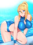  1girl absurdres ass blonde_hair blue_eyes blush bodysuit breasts highres kaos_artgx large_breasts long_hair looking_at_viewer metroid mole mole_under_mouth ponytail samus_aran simple_background skin_tight solo super_smash_bros. swimsuit water zero_suit 