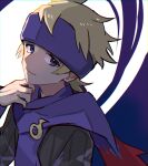  1boy bangs blonde_hair blue_eyes closed_mouth commentary_request gym_leader hand_up headband male_focus morty_(pokemon) pokemon pokemon_(game) pokemon_hgss purple_headband purple_scarf ribbed_sweater scarf smile solo sweater tpi_ri two-tone_background upper_body 