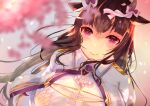  1girl animal_ears azur_lane blurry blurry_background bow breasts brown_hair capelet cow_ears cow_girl cow_horns hair_bow hand_on_own_chest horns huge_breasts kashino_(azur_lane) long_hair looking_at_viewer lucky_daikichi shirt solo very_long_hair violet_eyes white_bow white_capelet white_shirt 