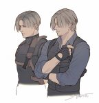  1boy beard blonde_hair dual_persona facial_hair fingerless_gloves gloves leon_s._kennedy male_focus muscular police police_uniform resident_evil resident_evil_4 resident_evil_6 sardine_(kjr0313) shirt short_hair simple_background smile solo uniform 