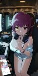  1girl absurdres ahoge bare_shoulders bracelet breasts fang headphones headphones_around_neck heterochromia highres hololive houshou_marine indoors jewelry keyboard_(computer) large_breasts looking_at_viewer mouse_(computer) off_shoulder parted_lips phone red_eyes redhead sitting sweatdrop tonki two_side_up virtual_youtuber yellow_eyes 
