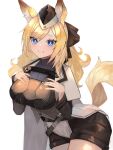  1girl :d animal_ear_fluff animal_ears arknights bangs black_headwear black_ribbon blonde_hair blue_eyes blush breasts cape commentary_request cowboy_shot eyebrows_visible_through_hair garrison_cap grey_sweater hair_ribbon hands_on_own_breasts haru_torimaru hat highres long_hair looking_at_viewer medium_breasts open_mouth ribbed_sweater ribbon short_eyebrows simple_background smile solo standing sweater thighs whislash_(arknights) white_background white_cape 