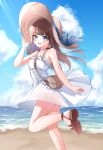  1girl absurdres bag bare_shoulders beach blue_eyes blue_sky blush brown_hair clouds dress hat highres holding holding_clothes holding_hat long_hair looking_at_viewer ocean open_mouth original outdoors reha_r_h sandals shoes sky smile solo standing sun_hat sundress water white_dress 