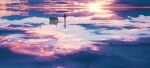  1girl clouds cloudy_sky day facing_away ground_vehicle highres horizon lifeline_(a384079959) motor_vehicle motorcycle multicolored multicolored_sky ocean original outdoors reflection scenery sky solo standing sun very_wide_shot water 