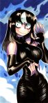  1girl black_dress black_hair blue_background borrowed_character breasts clouds cloudy_sky dress elbow_gloves fingerless_gloves glasgow_smile gloves highres kitt_betelgeuse large_breasts long_dress multicolored_hair night night_sky noss_(rariatto) original shaded_face shading sky smile streaked_hair vampire white_hair 