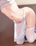  1girl apron commentary_request head_out_of_frame kneeling midriff mignon navel original solo stomach thigh-highs thighs wet wet_clothes white_apron white_legwear 
